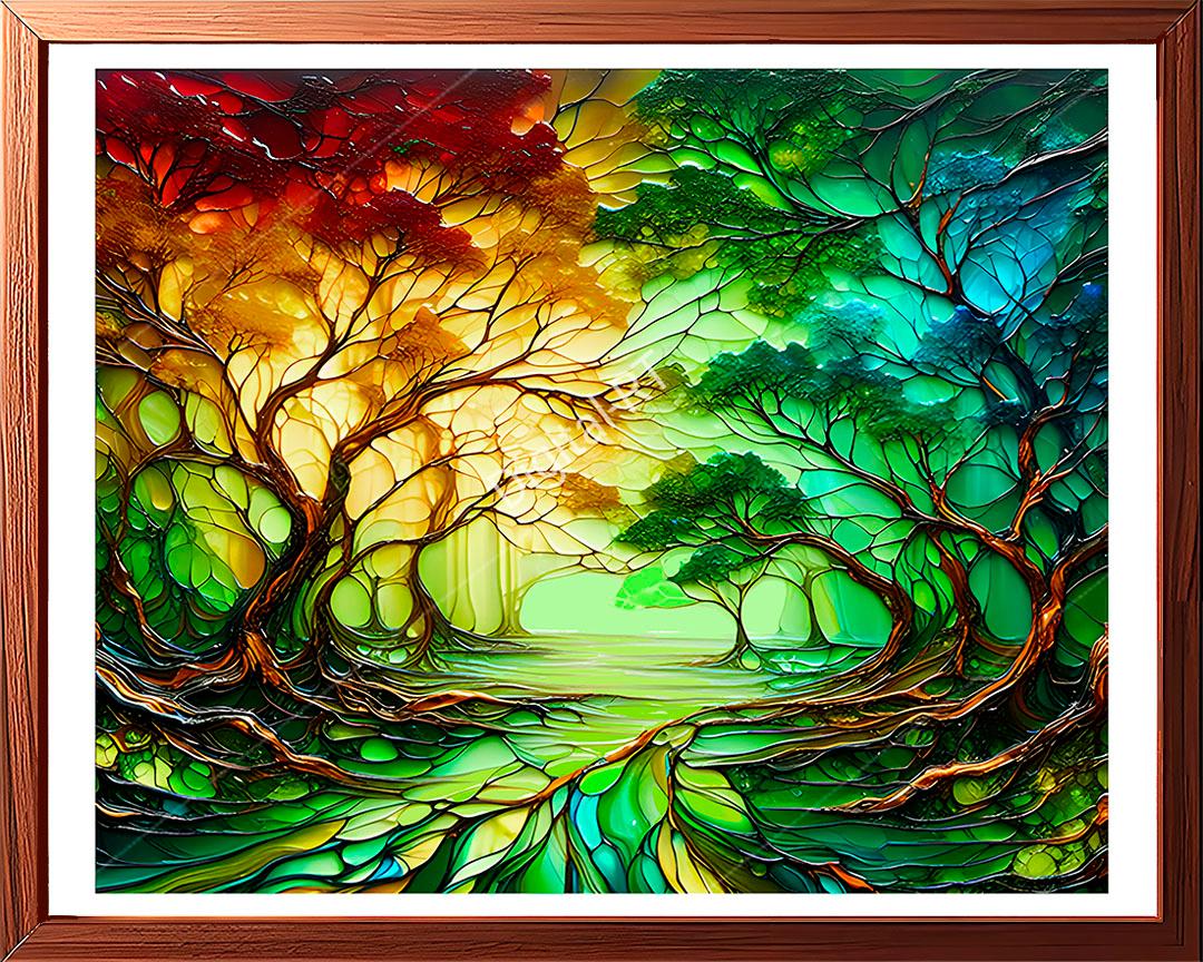 this painting captures the serene onset of morning in a lush, wooded area