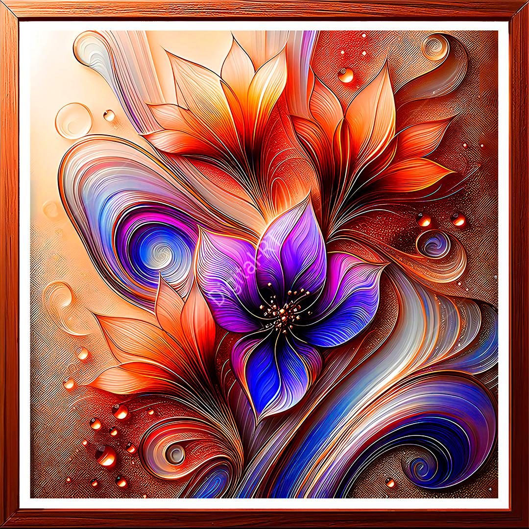 This artwork features a striking composition of flowers in rich hues of purple, orange, and red.