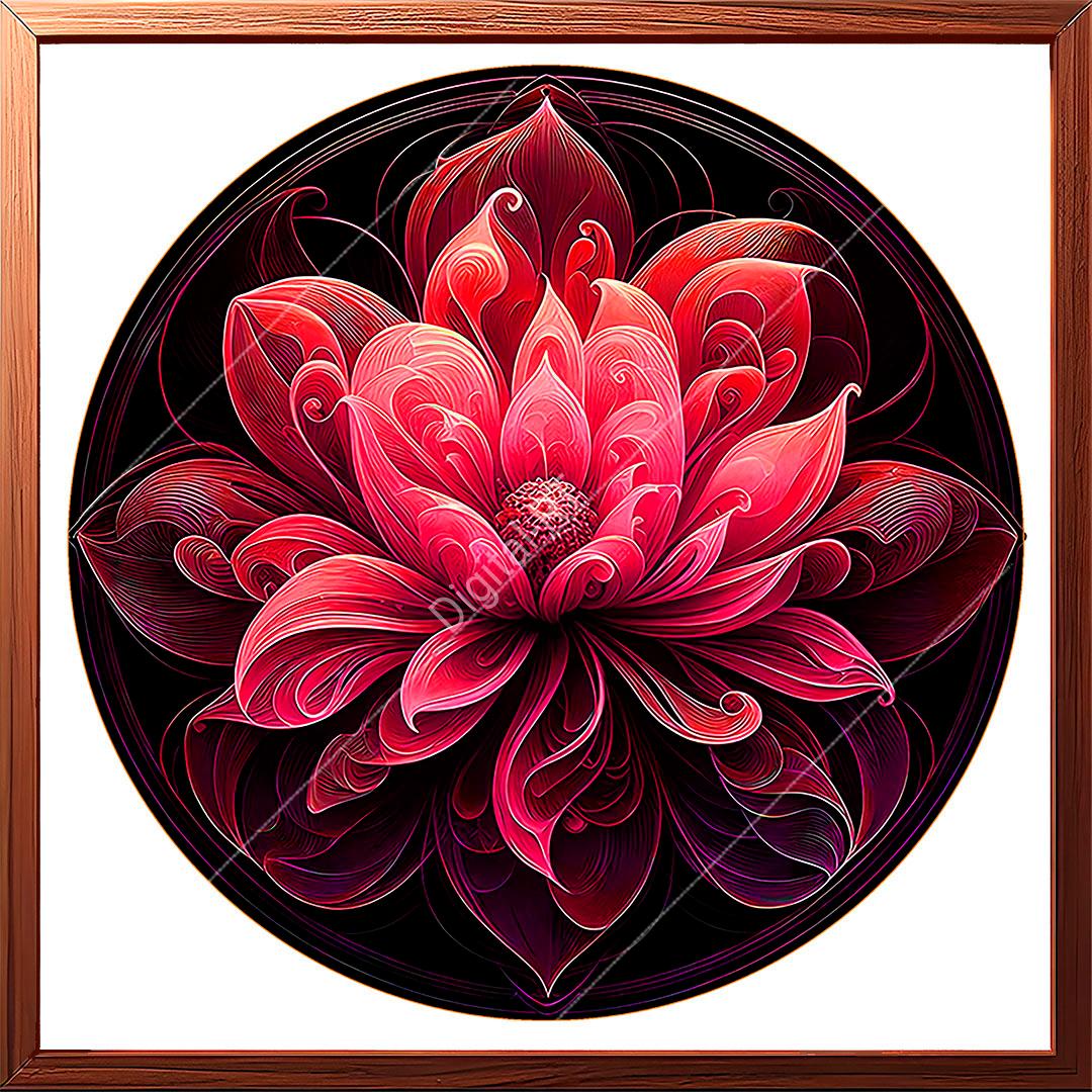 This painting features an abstract red flower that radiates energy and creativity.