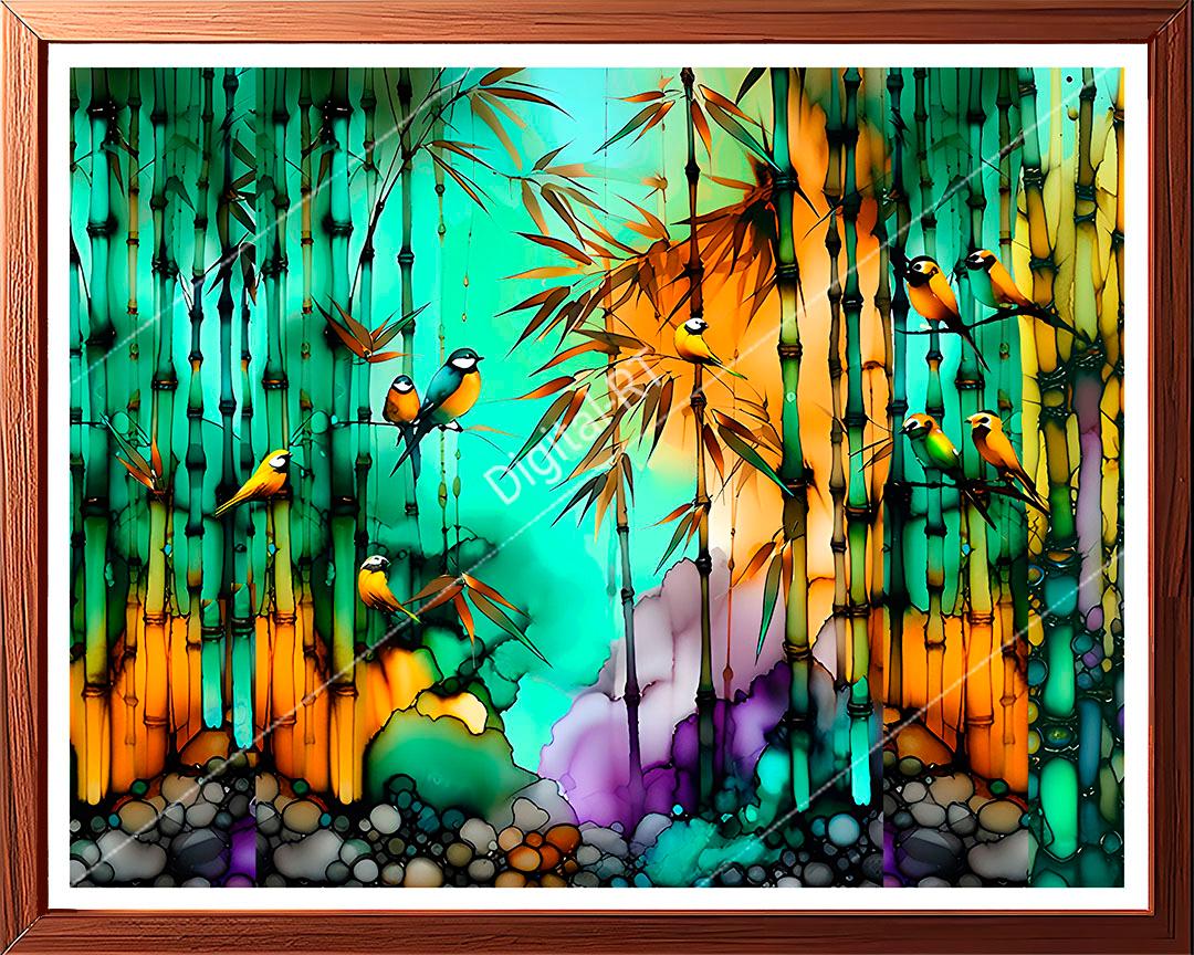 small birds on bamboo trees scene