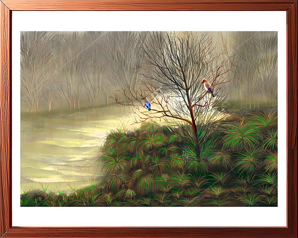 riverside trees, birds, winter scene