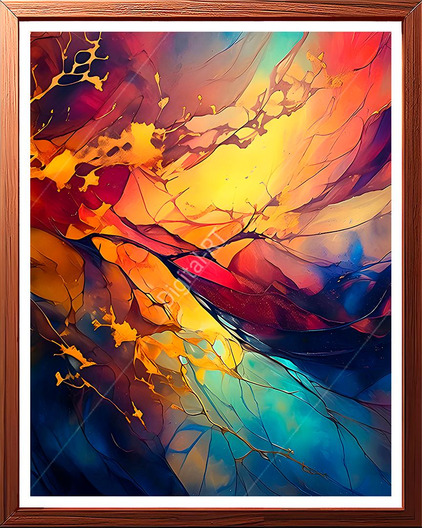This is an abstract painting that captures the serene and mystical moment when the first light of day touches the world.