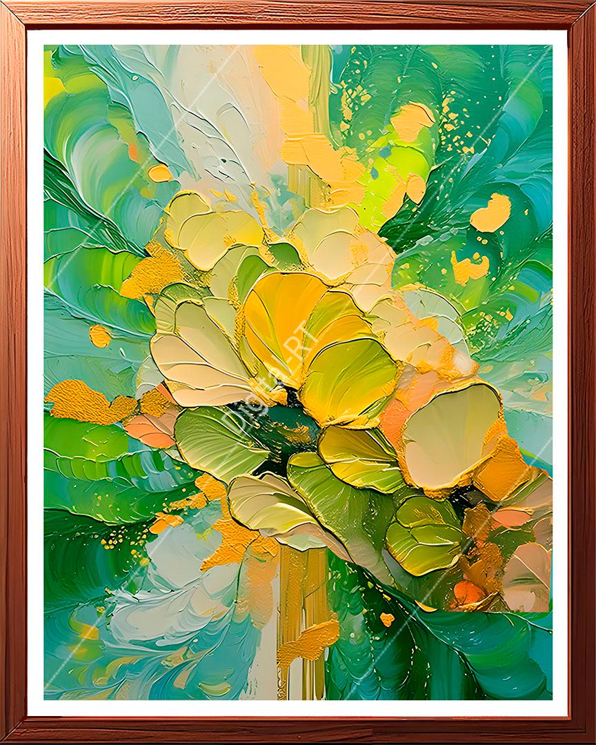 This artwork radiates a sense of life and vitality, with lush greens, soft yellows, and hints of orange blending together in a harmonious dance.