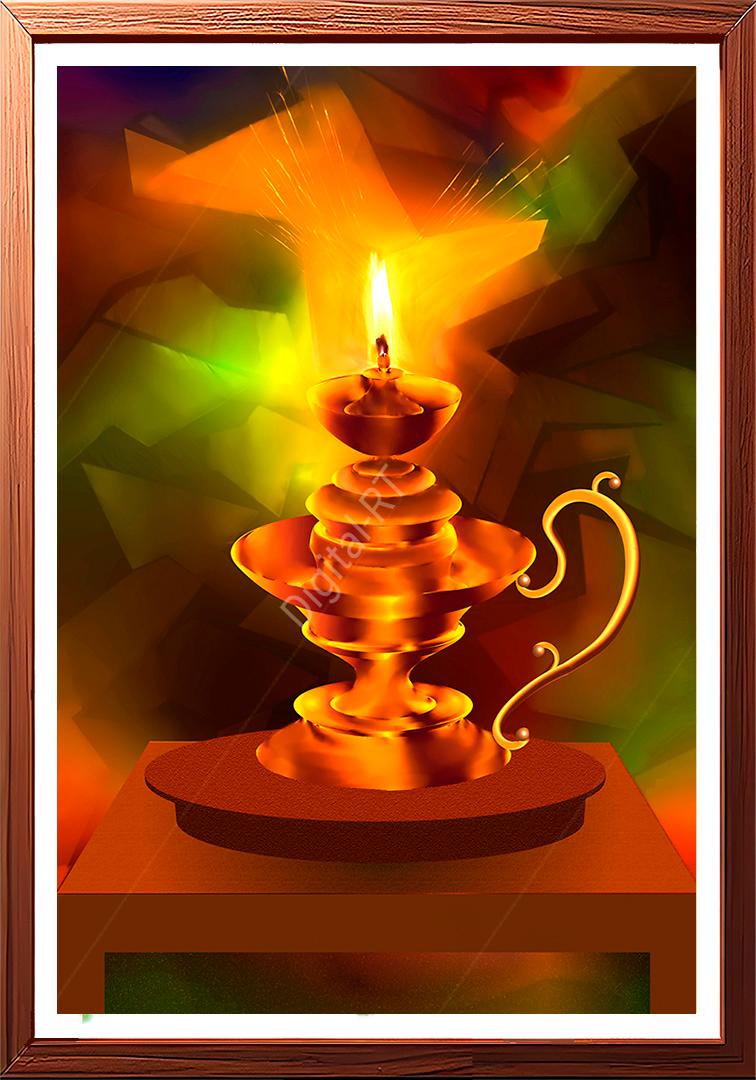 This abstract painting captures the essence of a sacred lamp, symbolizing light, purity, and spiritual fervour