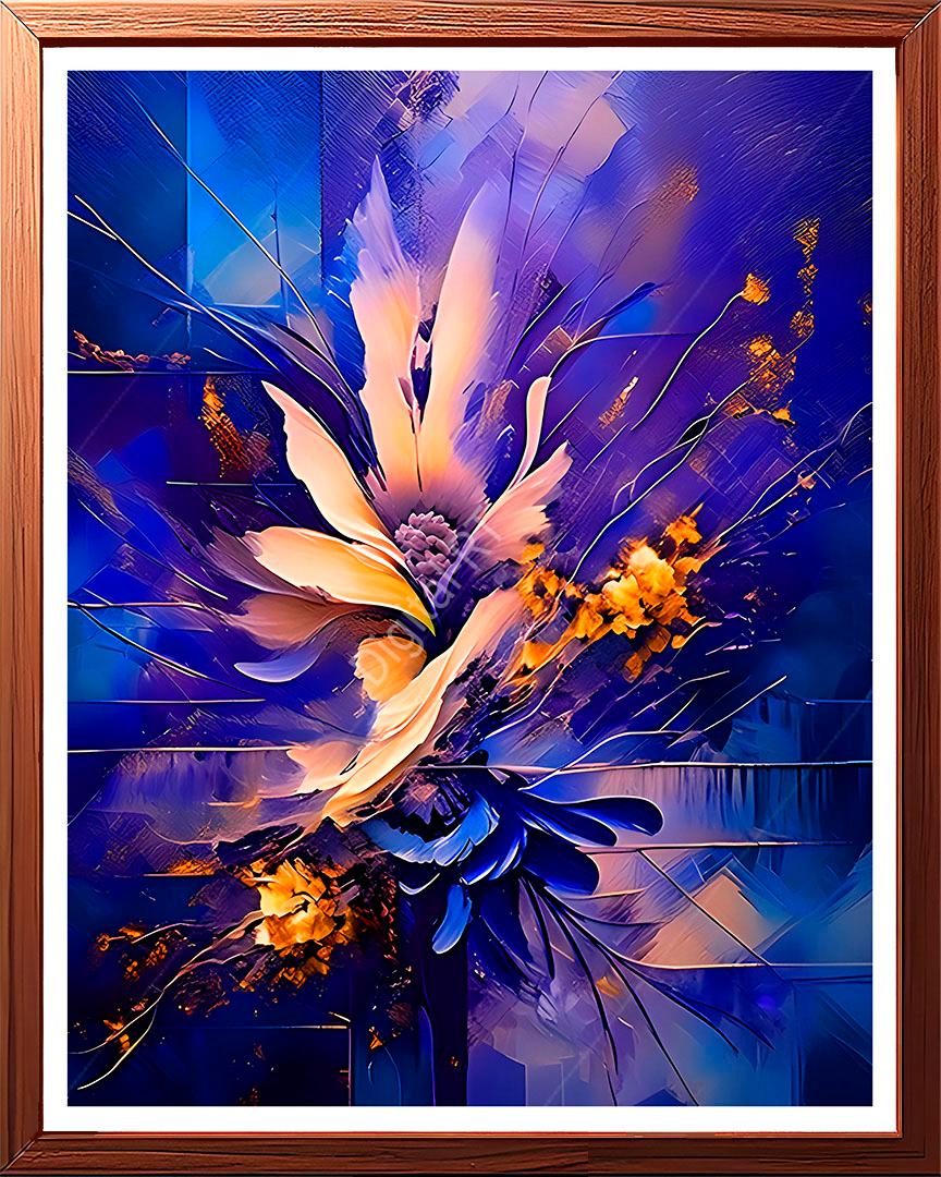This abstract painting shows the graceful motion of a flower seemingly dancing in a cosmic ballet.