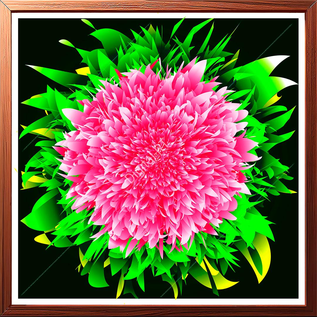 This artwork features a vibrant pink flower with countless petals.