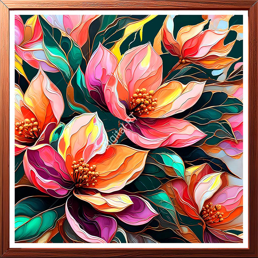 stunning painting featuring a vibrant bunch of pink flowers