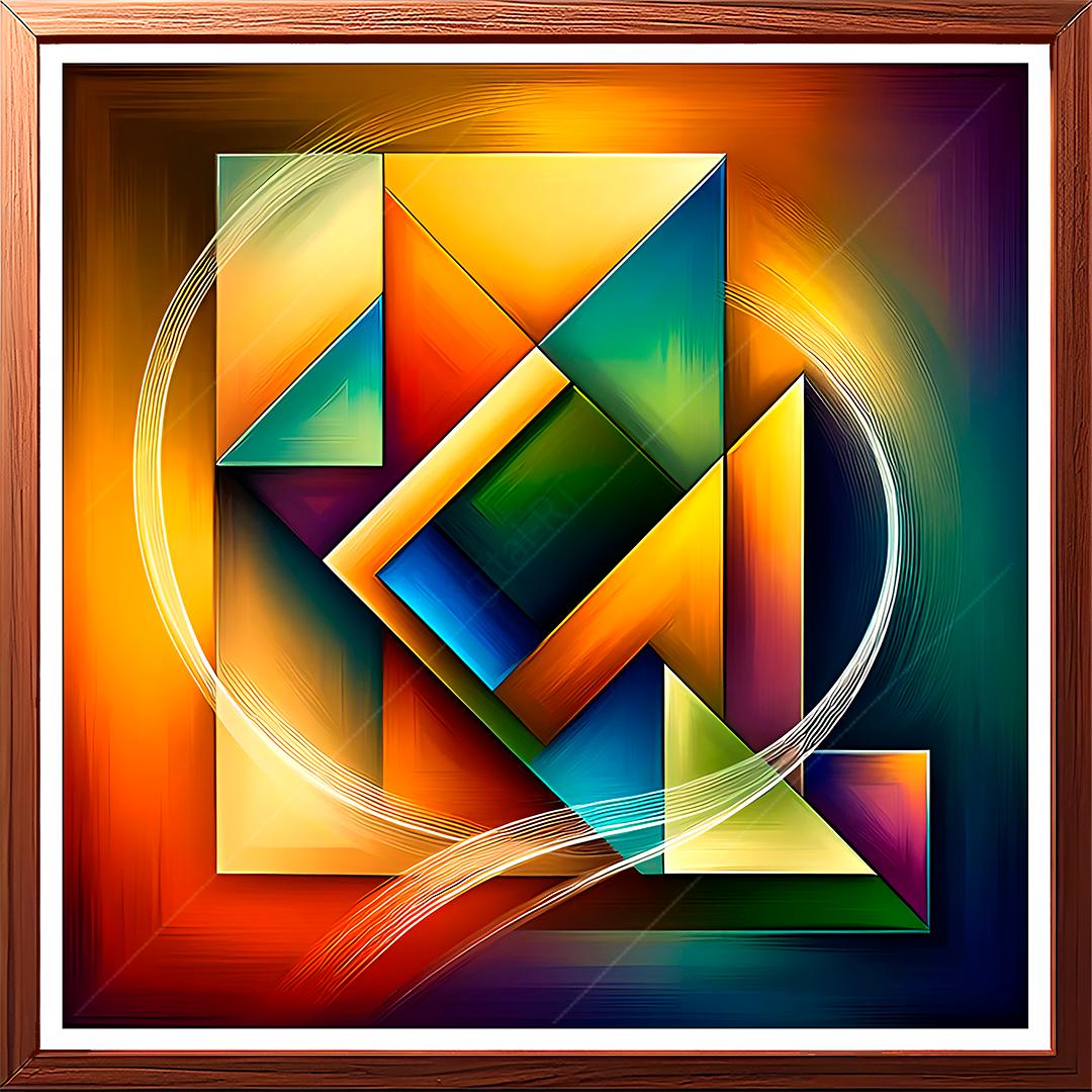 An abstract geometric painting intertwines vivid colors, shapes & planes to create a 3D effect.