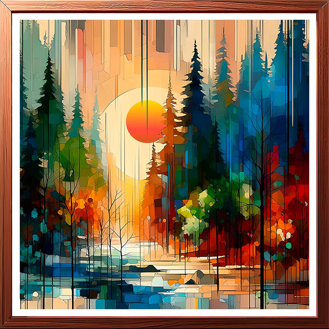 This gorgeous abstract painting captures the beauty of a sunset deep inside a forest.