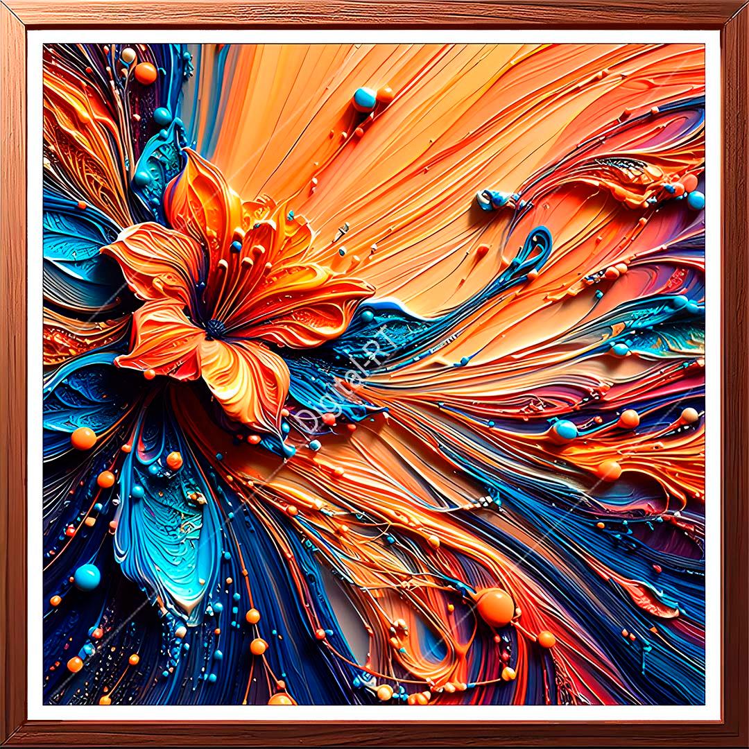 Decorate your wall with this stunning painting of an abstract orange flower, bursting with energy and exuberance