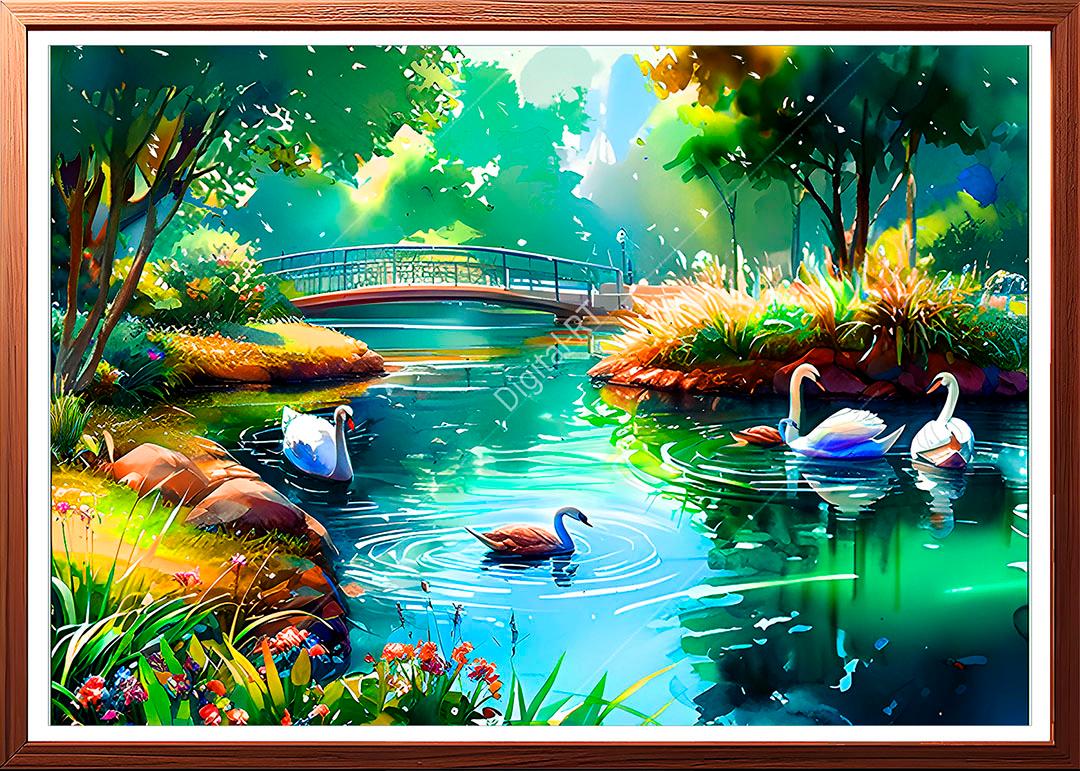 Swans in pond painting