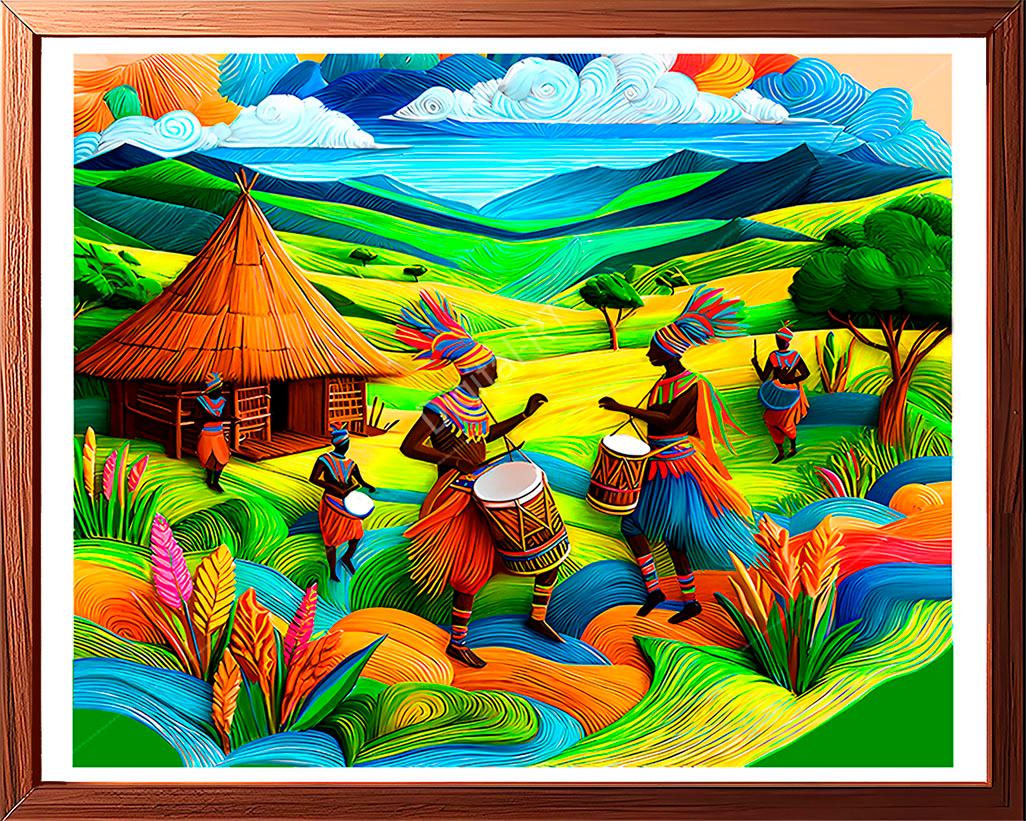 This vibrant abstract painting takes you to a paradise where tribal people are joyfully celebrating and dancing to the rhythmic drum beats.