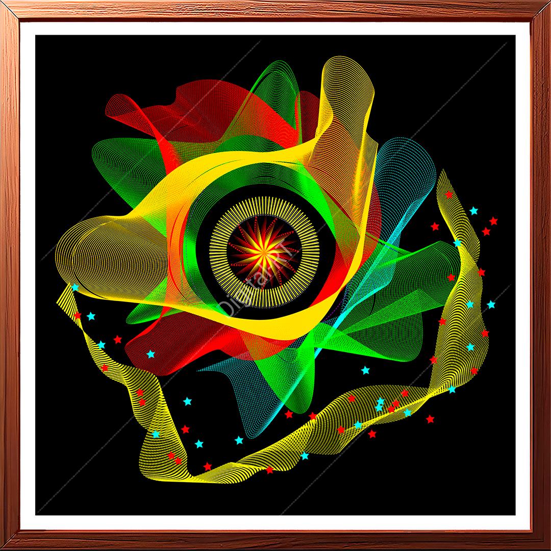 This is an abstract conceptual painting that embodies the mysterious beauty of the universe into vivid focus. This artwork envisages a galaxy in which the relationship & interdependence between celestial bodies—planets, stars, and cosmic energy—is depicted as swirling webs of vibrant color. These webs & ribbons represent the orbits and gravitational forces that bind the galaxy together. Each of the elements is pulsating with energy as it moves through the vast expanse of extraterrestrial space. In the grand tapestry of the cosmos, everything is interconnected, moving in harmony, a reminder that we too are part of something much greater than ourselves.