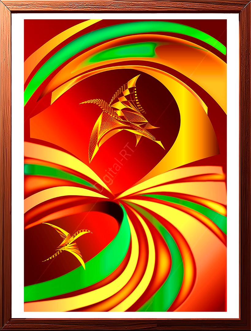 In this artwork, two abstract golden birds appear as if emerging from nowhere