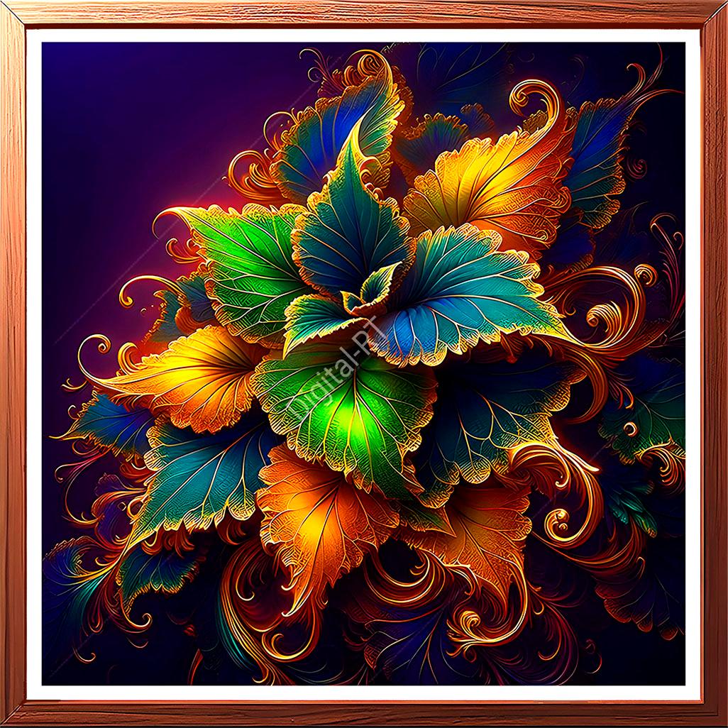 This artwork features an intricate design of leaves in striking golden, green, and blue hues