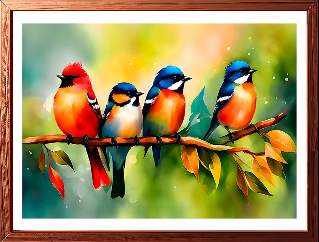 four colorful birds on tree branch painting