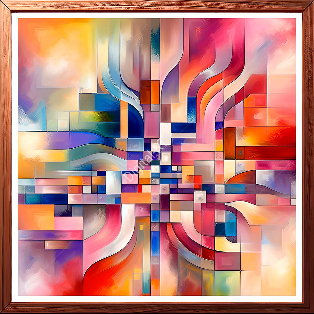 This abstract painting brings together a symphony of colors and shapes.
