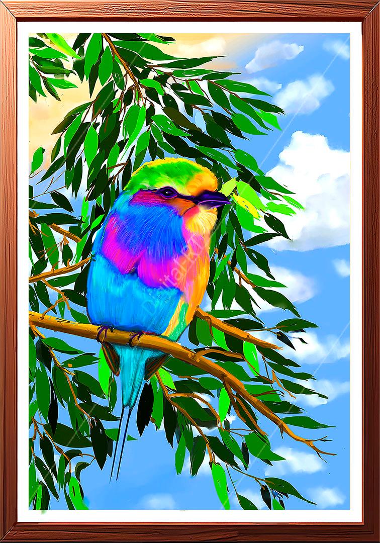 painting of Lilac bird sitting on branch