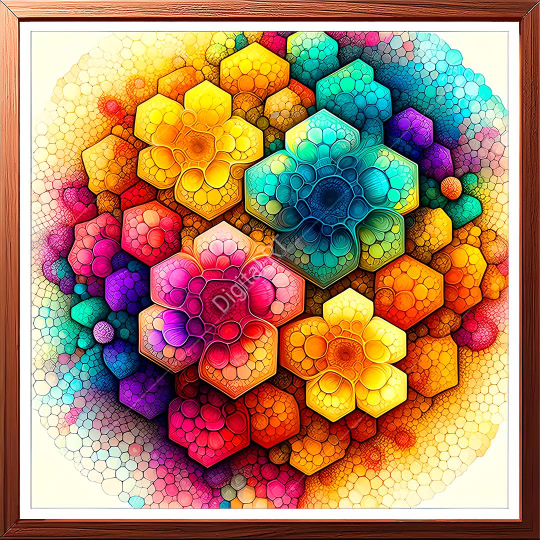 This piece features an ensemble of pentagon and hexagon shapes, beautifully arranged in a harmonious composition