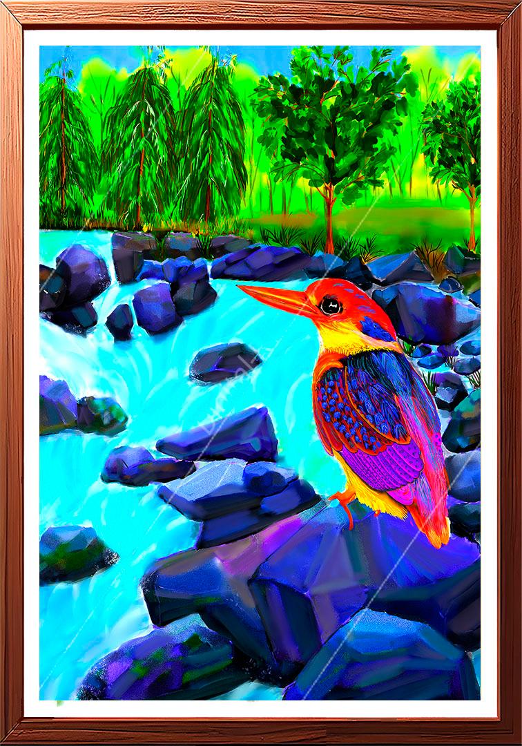 kingfisher bird sitting on rock painting