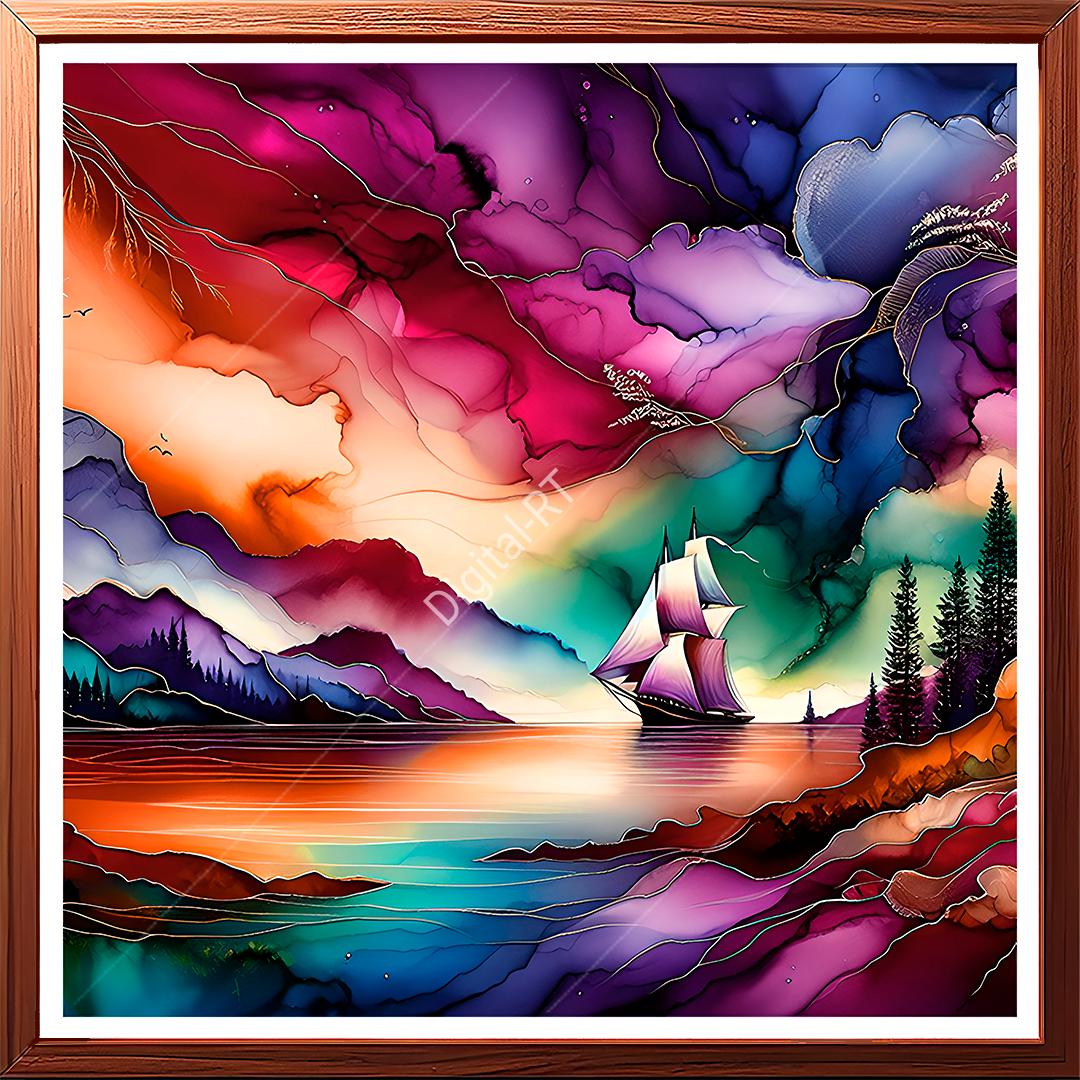 This abstract painting portrays a mystic river stream that seems to stretch to infinity.