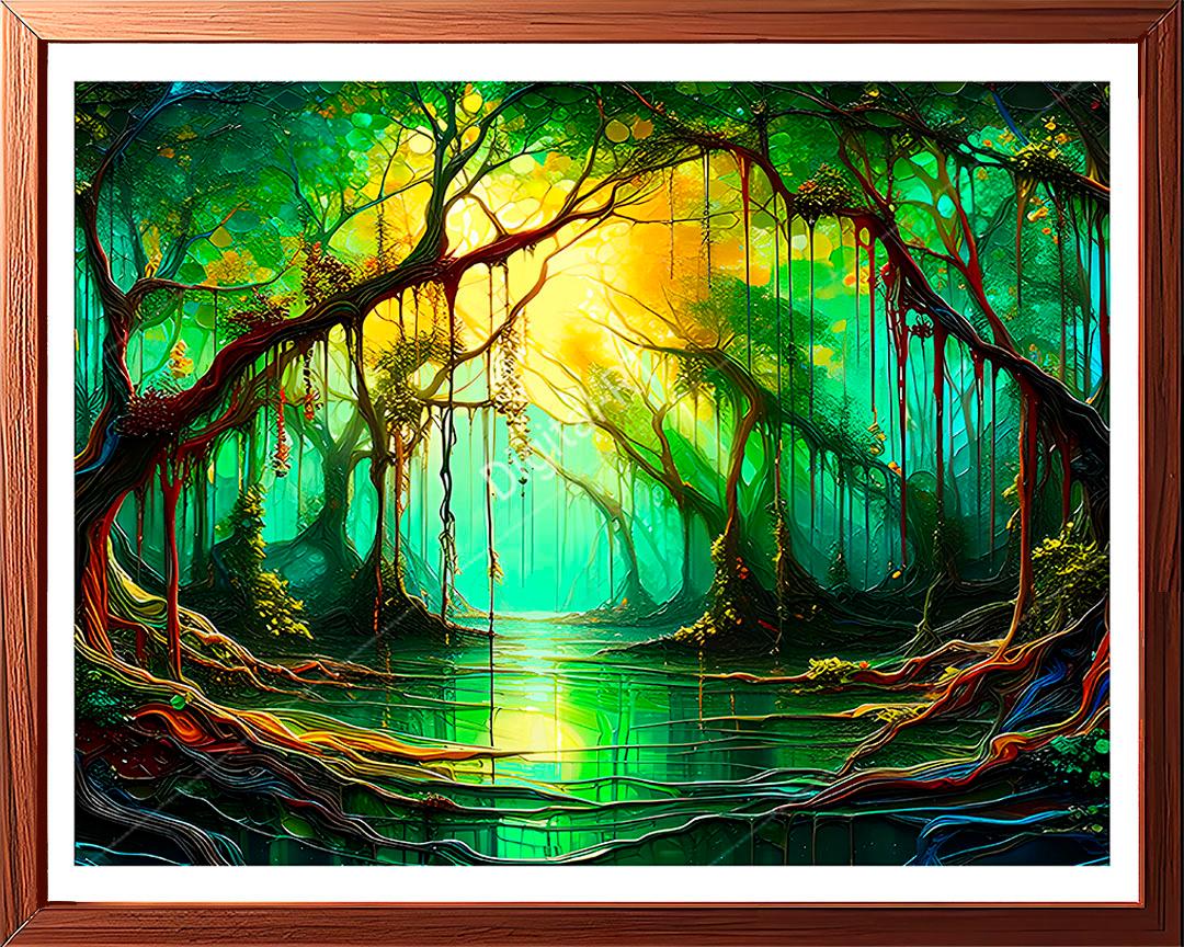 This abstract painting draws you into a mystical woodland journey.
