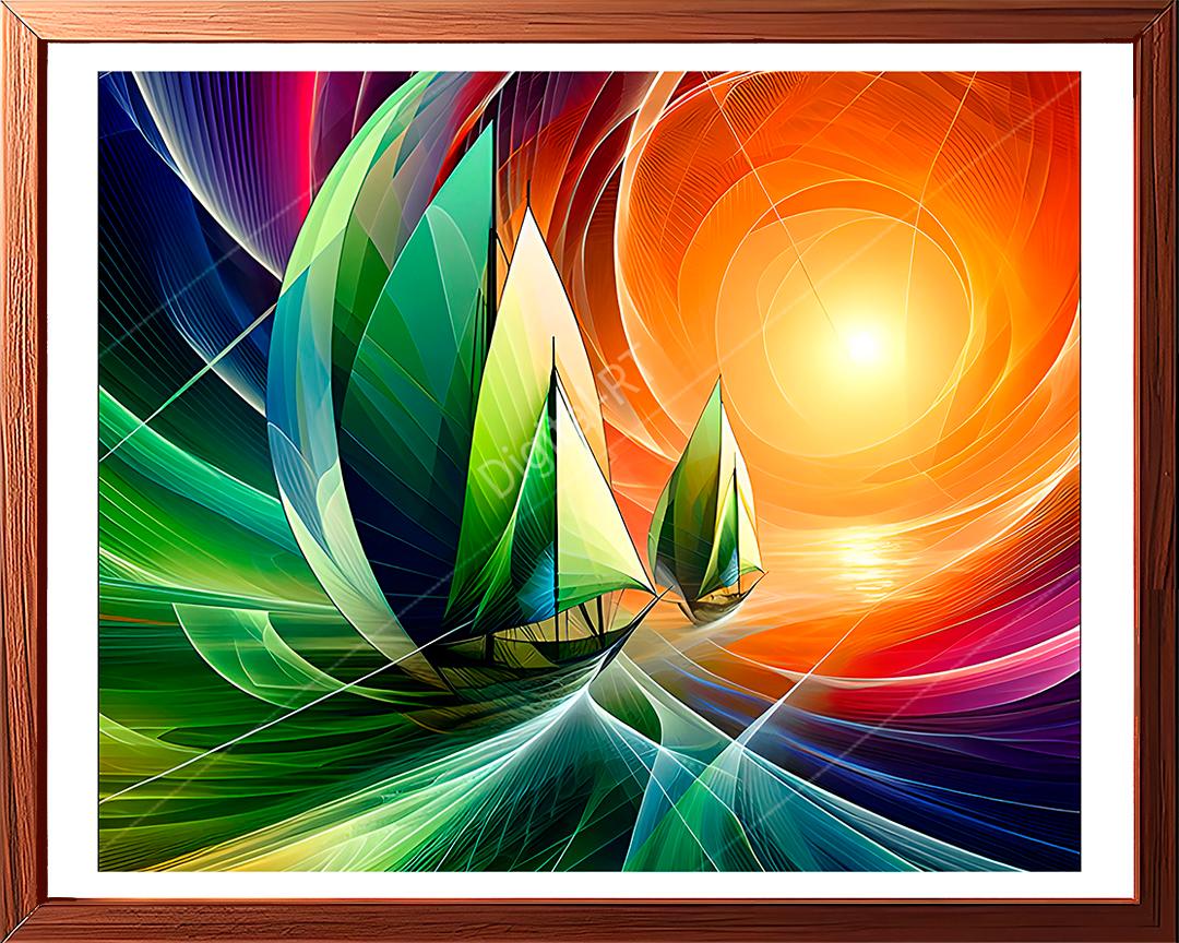This abstract painting captures the serene yet energetic moment of fishing boats returning home at dawn.