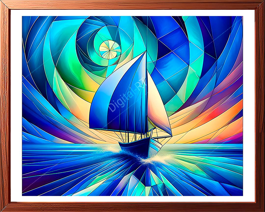 This is an invigorating abstract painting that captures the thrill of setting sail at dusk.