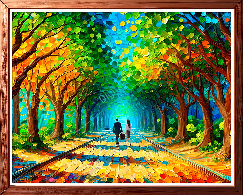 This is a vibrant and evocative painting captures a couple strolling down a tree-lined path on a serene spring evening.