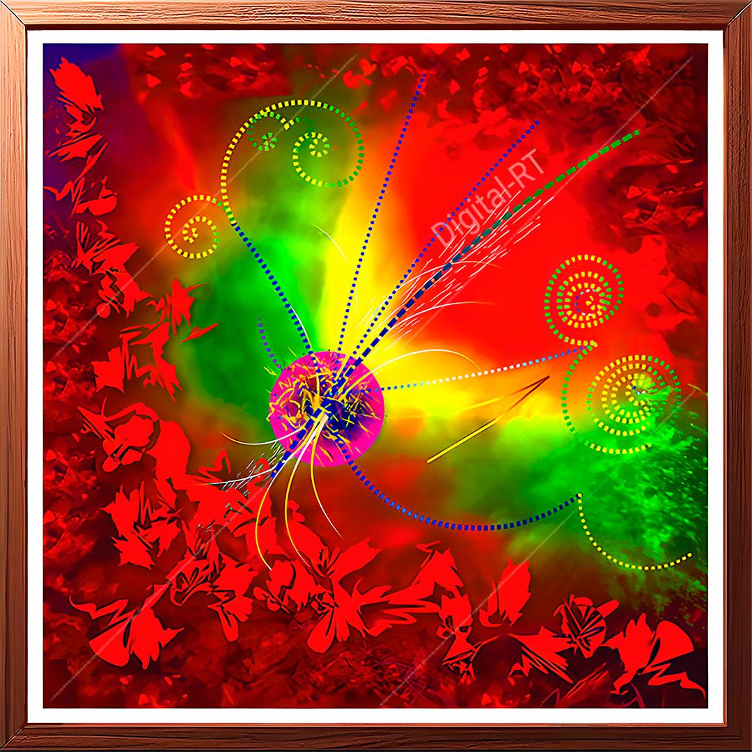 This abstract painting artistically illustrates the energy emanating from subatomic elements.