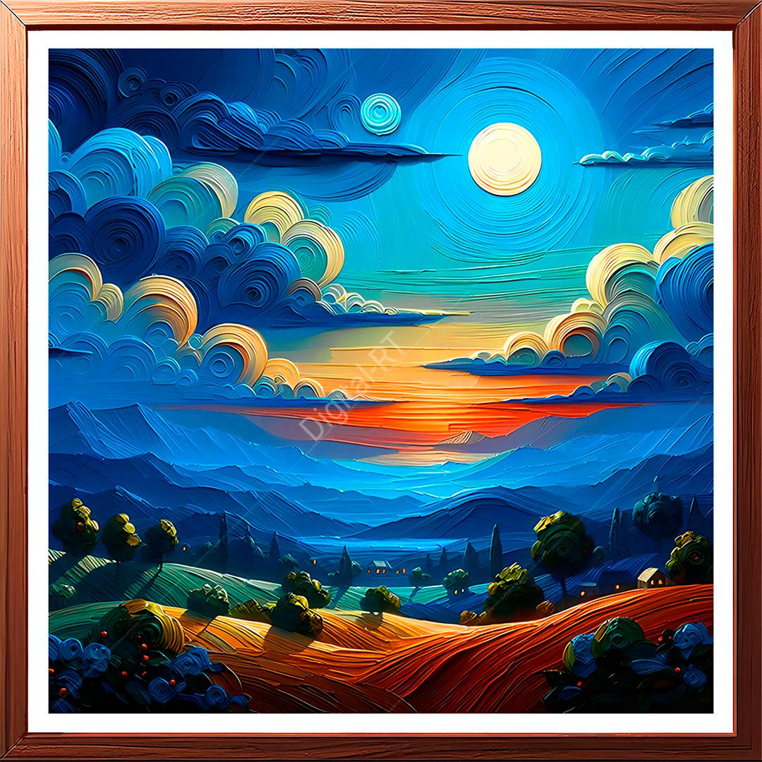 The fancy, stylized painting shows the full moon in the sky surrounded by cloud clusters