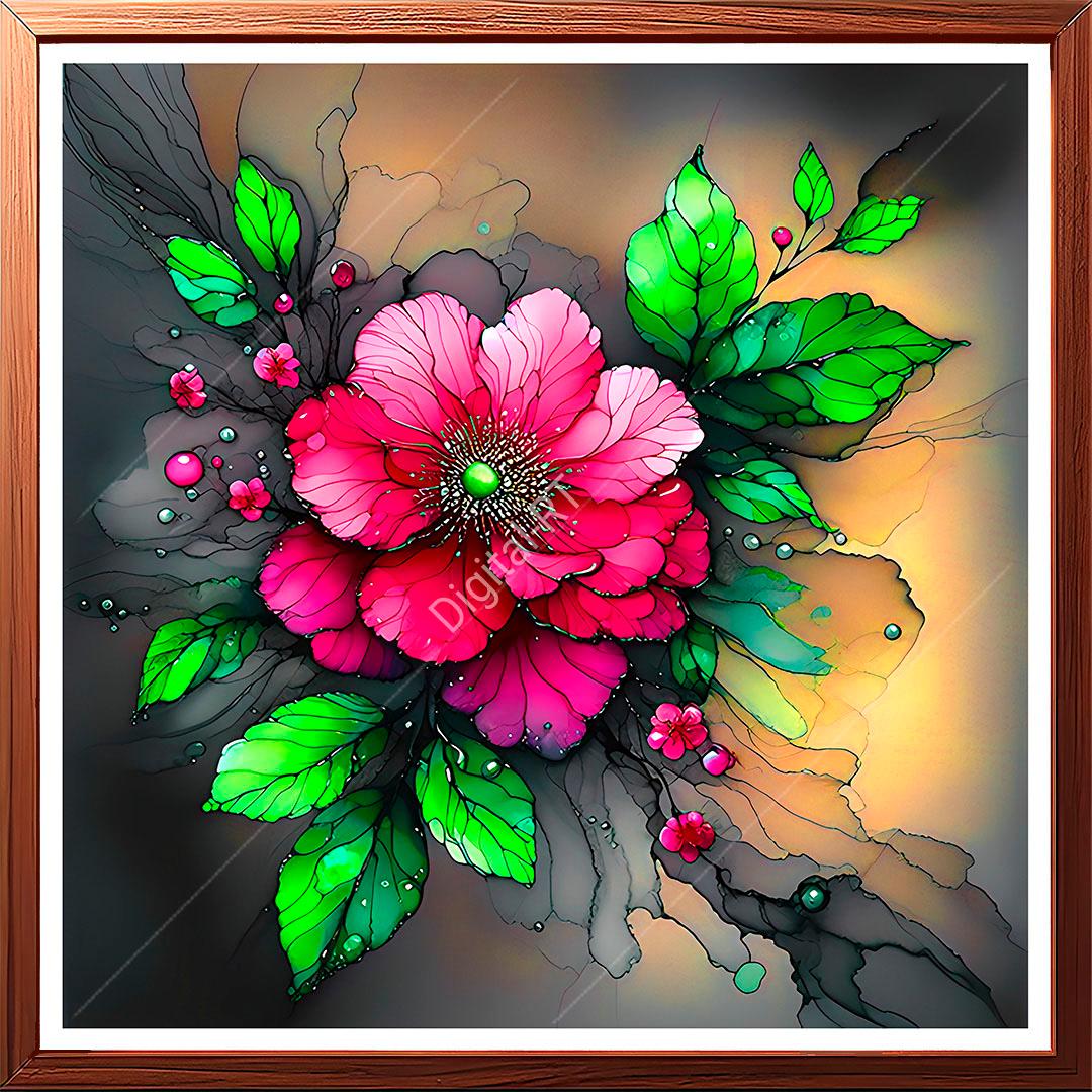 This artwork captures the delicate beauty of a flower blooming in the early morning