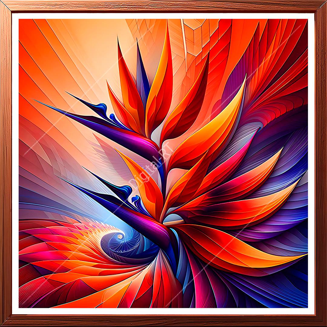 The artwork features the bird of paradise flower's iconic form, rendered in a dazzling array of orange, red, and purple hues.