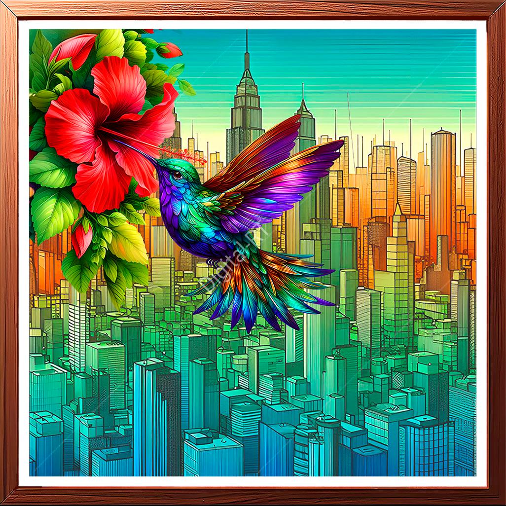 painting of kingfisher on cityscape background