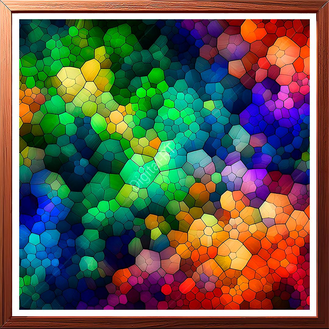 This abstract painting exhibits the vibrant expanse of a neon spectrum.