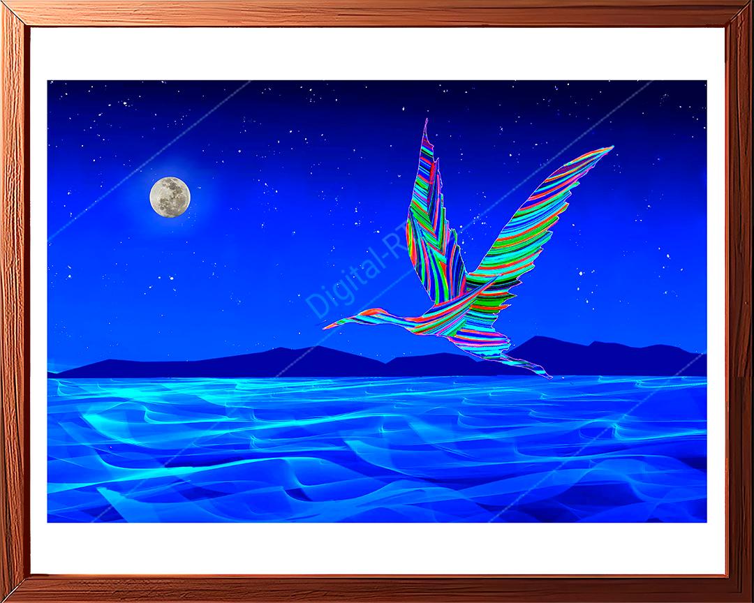abstract painting showing blue heron flying