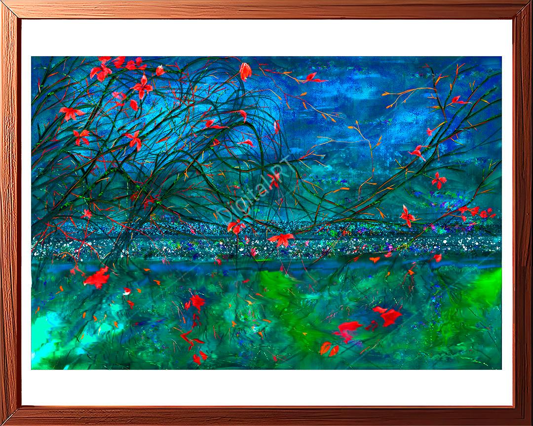 "Night Flowers" is a tranquil and mystic painting that captures the serene beauty of a moonlit night by the pond.