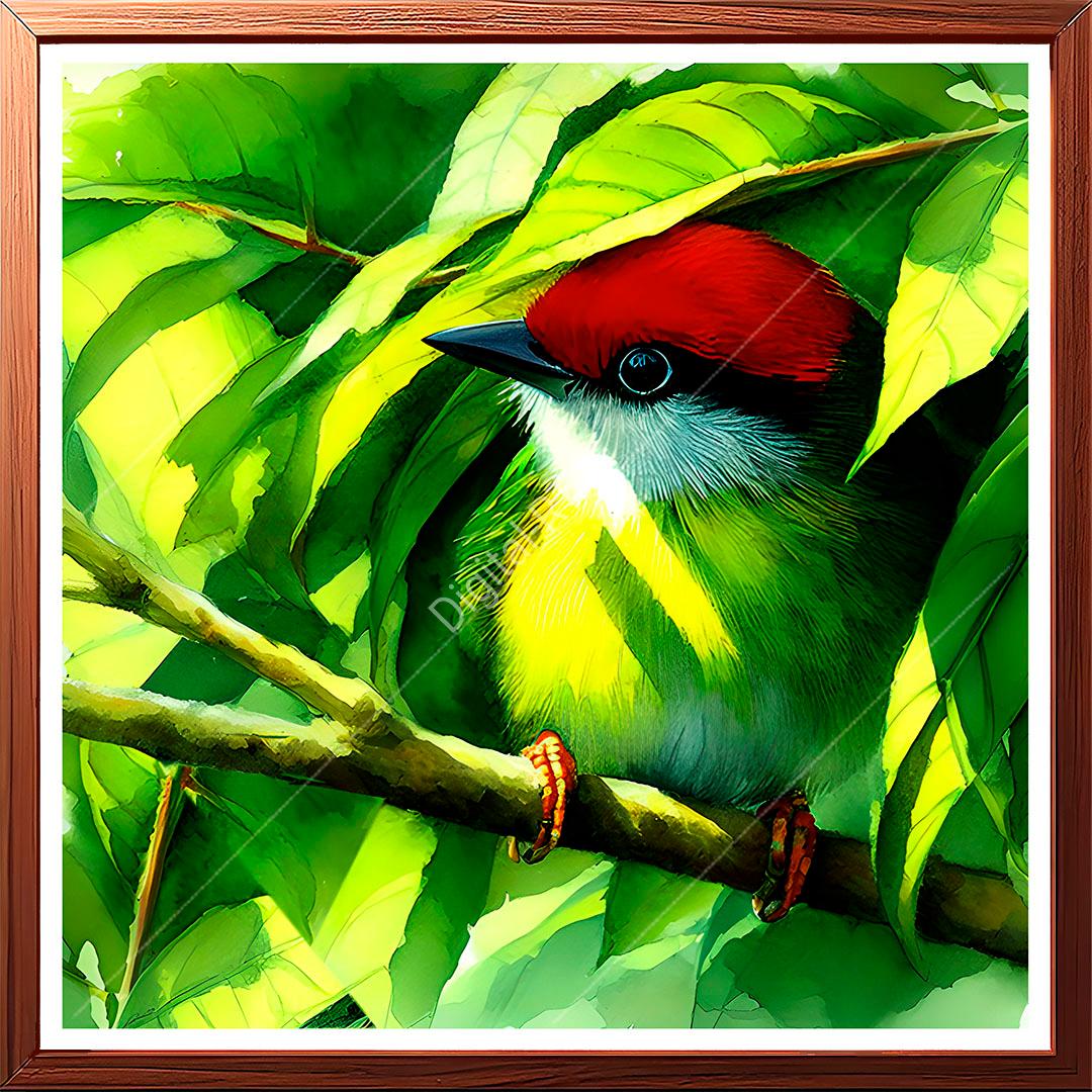 painting of small bird behind branches