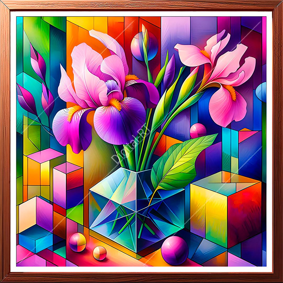 This painting showcases abstract flowers in a glass flower pot, set against a vibrant geometric background