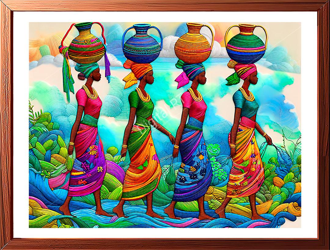 This abstract painting portrays a glimpse of everyday tribal life.