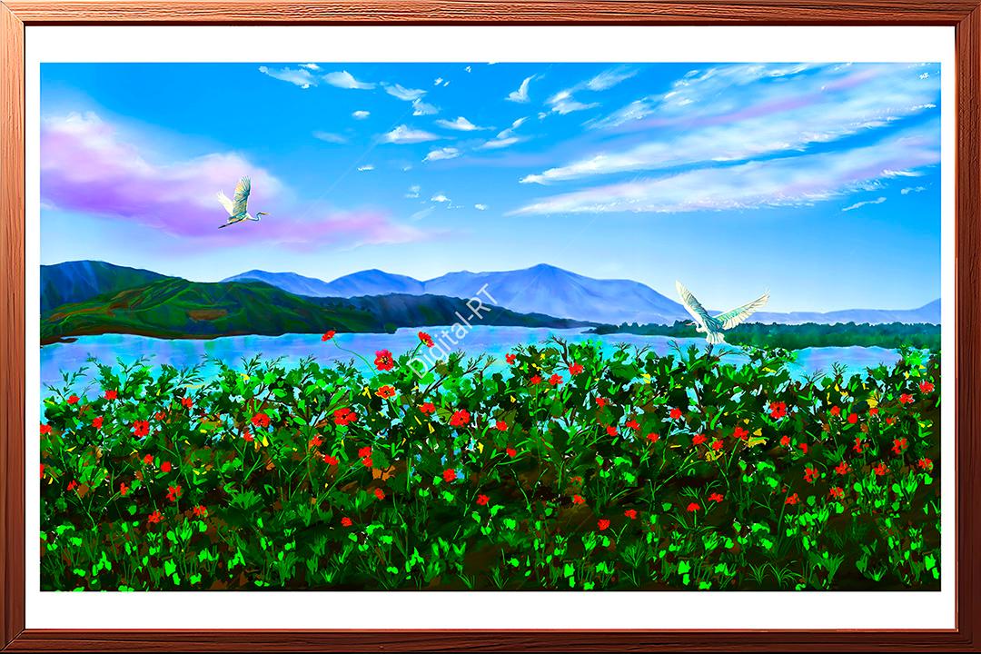 This painting shows beauty of riverbank with birds & flowers.
