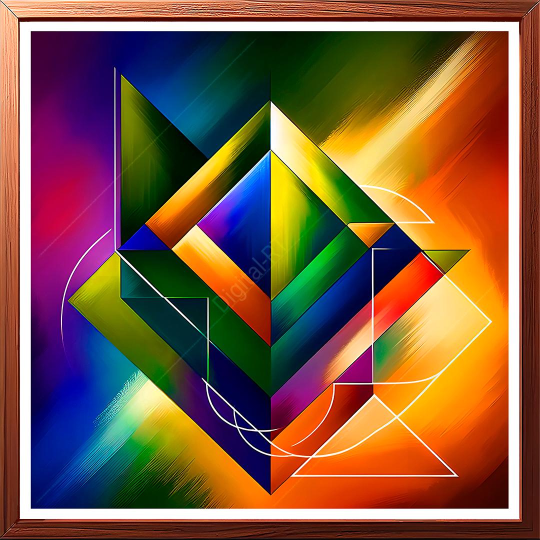 This abstract painting shows multiple prismatic shapes with incident illumination.