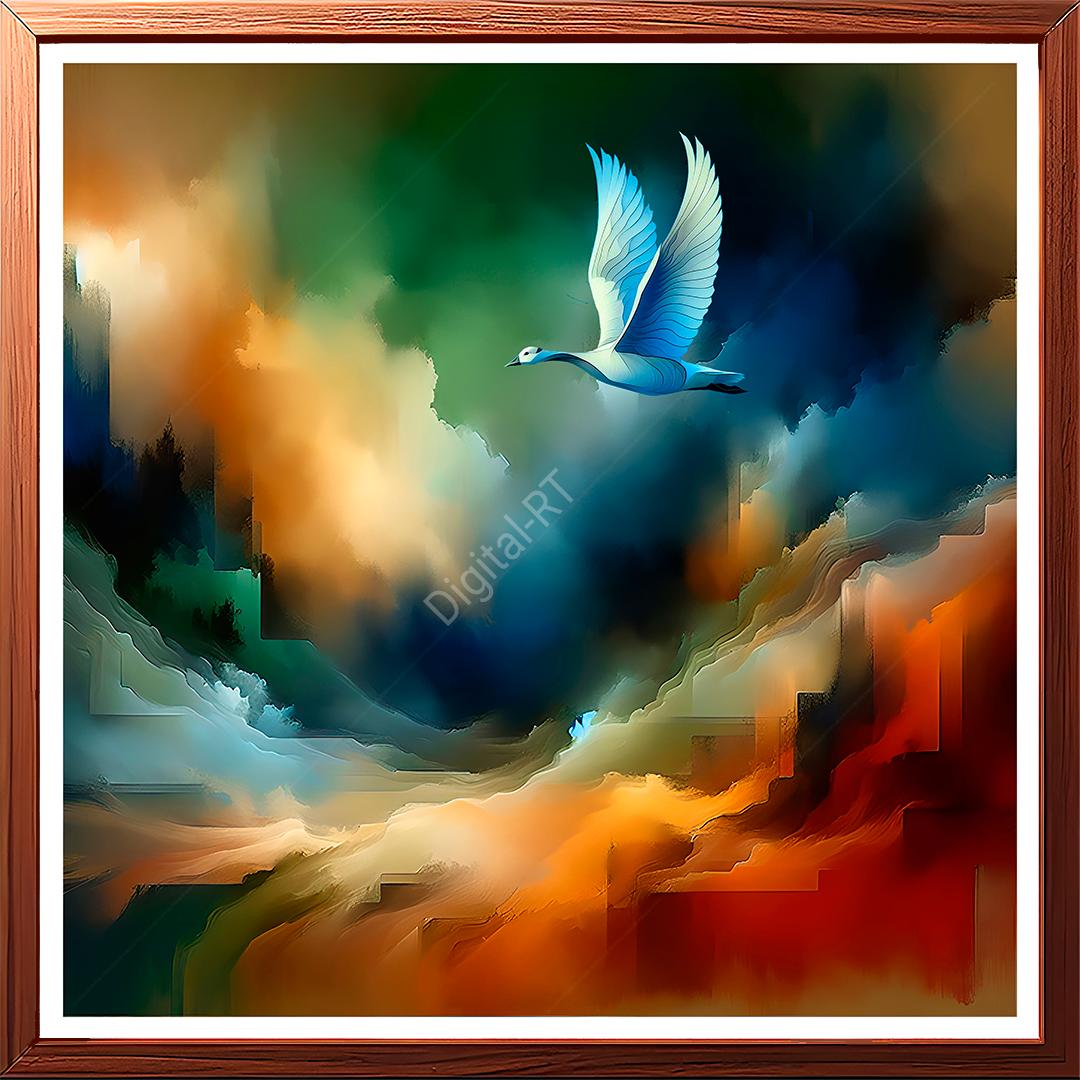 This abstract painting depicts a powerful scene where a lone sleek, elegant & powerful bird