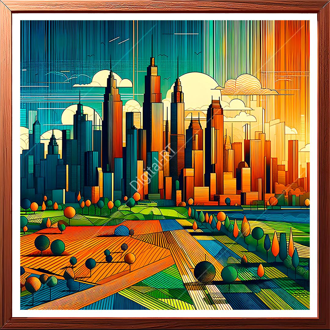 This striking symbolic abstract painting artistically portrays a bustling cityscape through the use of lines and geometric shapes