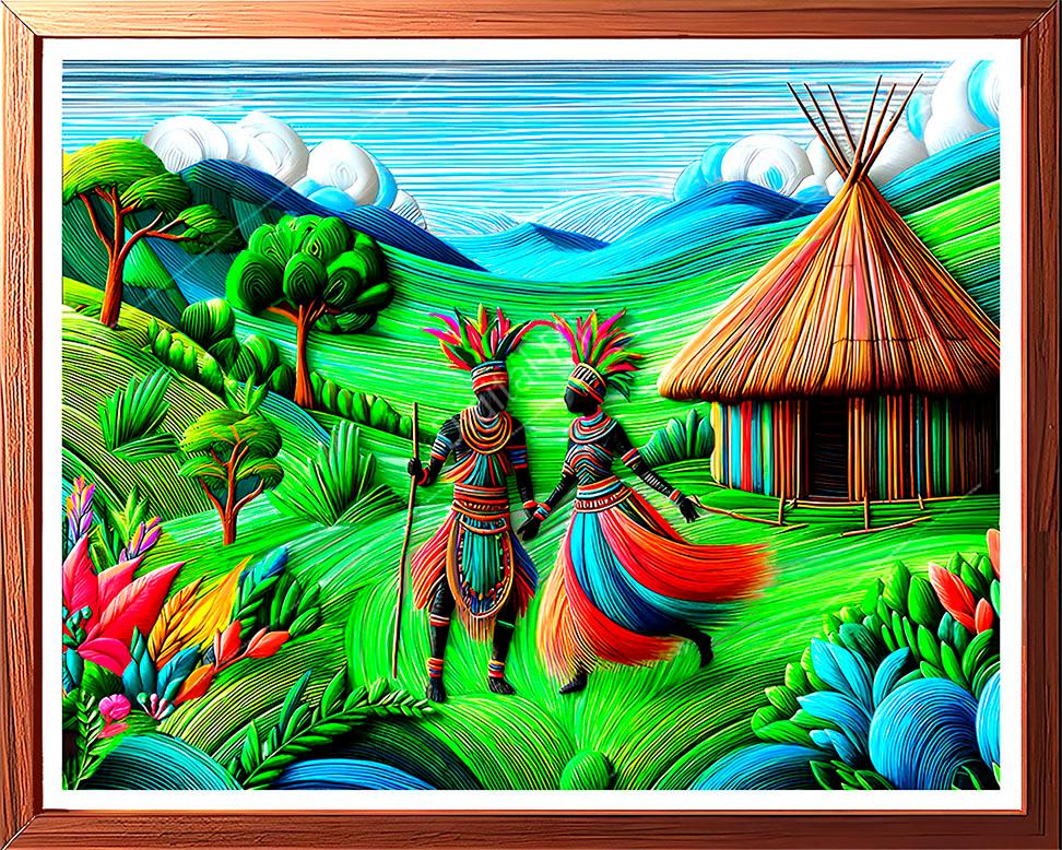 This hilarious abstract painting takes you to a vibrant wonderland, where tribal figures are depicted