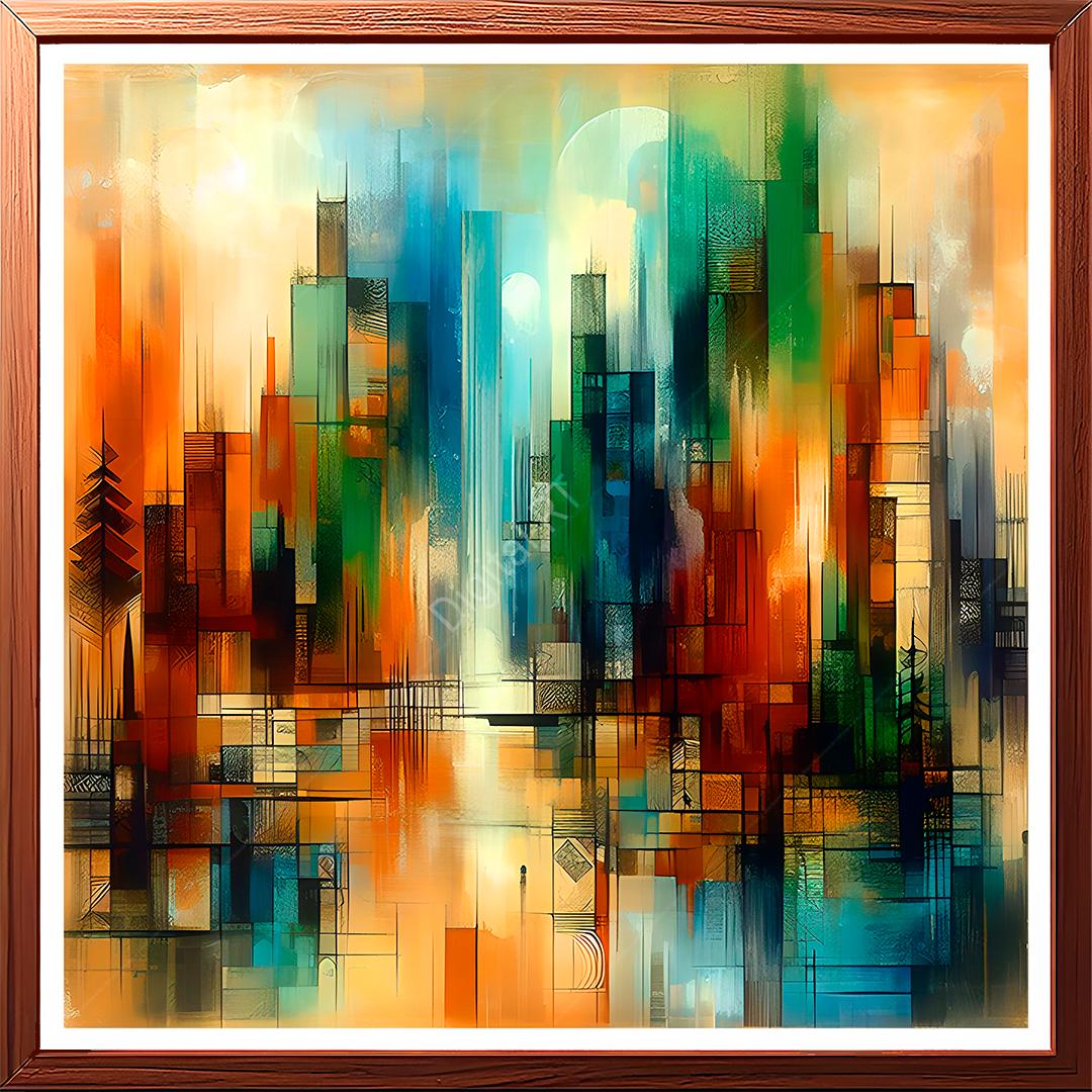 This abstract painting depicts a rain-soaked urban landscape.