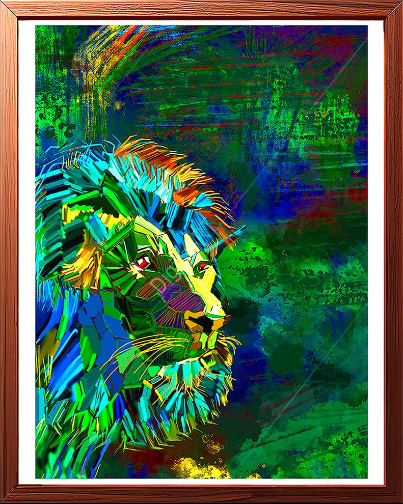 This is a striking and imaginative painting that captures the raw power and intensity of a lion’s gaze.