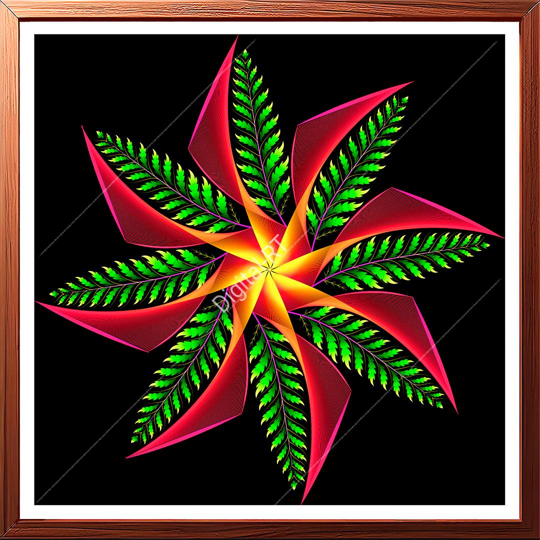 This painting illustrates the concept of sustainable power generation through an abstract windmill design.